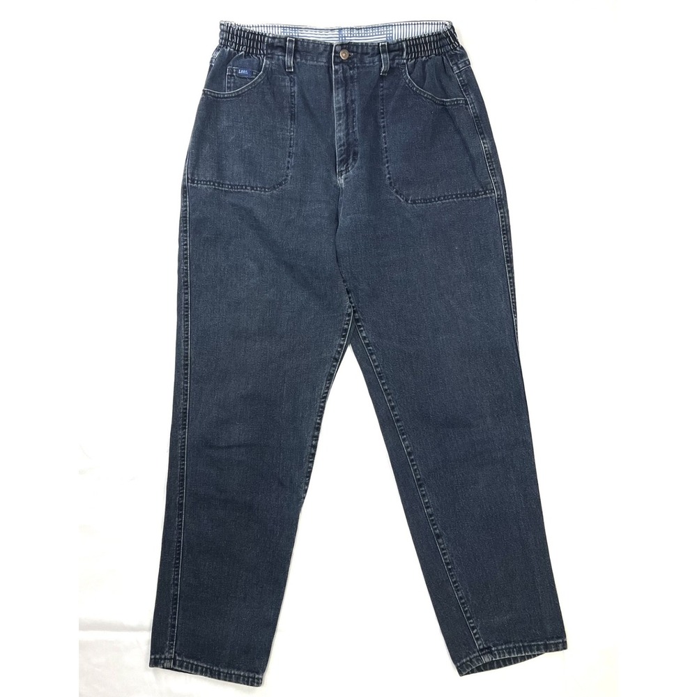 Vintage Lee High Waist Elastic Side Mom Jeans Dark Wash Patch Pocket Denim SZ 30